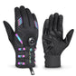 Black long-finger cycling gloves with multicolor stripe detail, grippy palm, wrist buckle strap