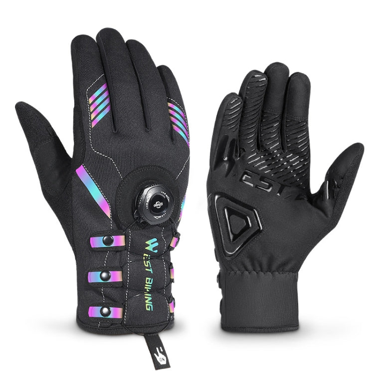Black long-finger cycling gloves with rainbow stripe accents and padded knuckles, buckle strap