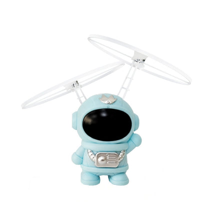 Blue astronaut gyro robot toy with black visor, glowing spinning white propellers