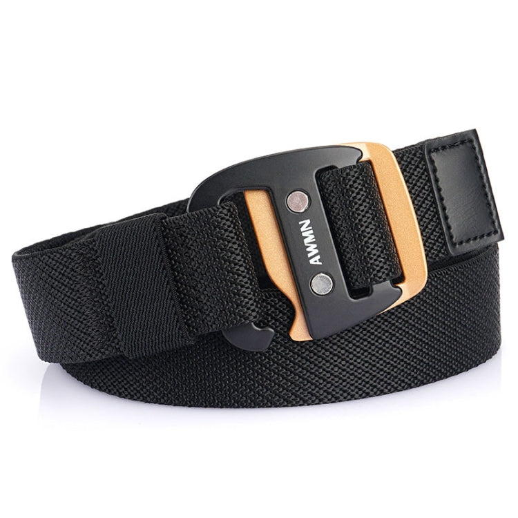 Men's black woven stretch belt with sports hook buckle and gold-tone buckle frame