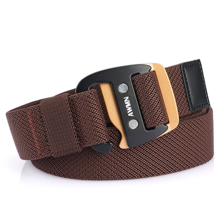 Men's coffee brown woven stretch belt with sports hook buckle and gold-tone frame