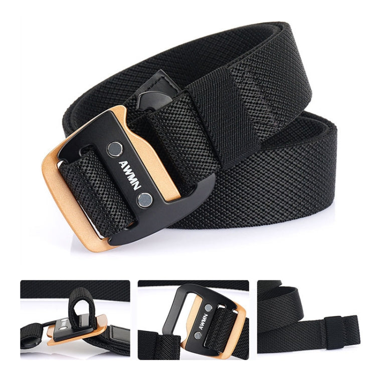 Men's black woven stretch belt close-up with gold-tone sports hook buckle