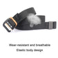 Men's black woven stretch belt with sports hook buckle and adjustable end strap