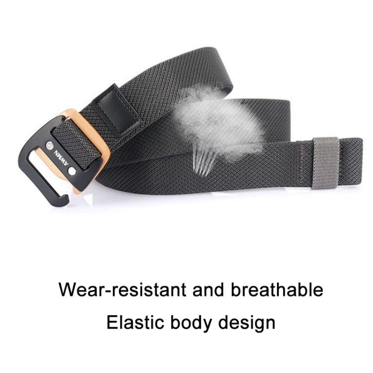 Men's black woven stretch belt with sports hook buckle and adjustable end strap