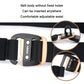 Black woven stretch belt with sports hook buckle and gold-tone frame