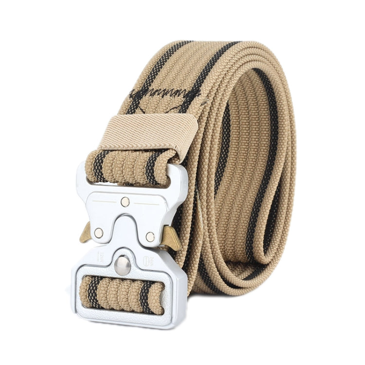 Khaki braided nylon belt with quick-release buckle and silver hardware