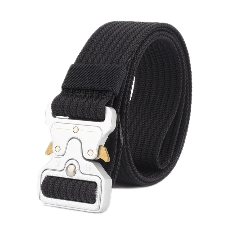 Black braided nylon belt with quick-release buckle and silver hardware