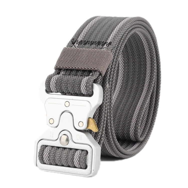 Grey braided nylon belt with quick-release buckle and silver hardware