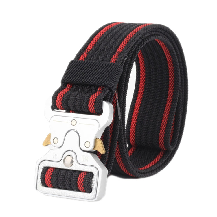 Black braided nylon belt with red edge, quick-release buckle and silver hardware