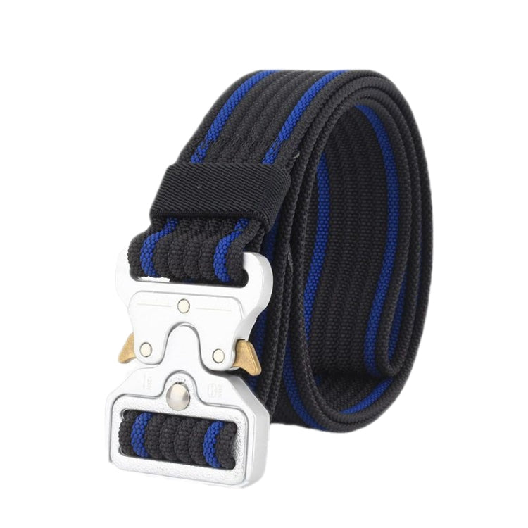 Black braided nylon belt with blue edge, quick-release buckle and silver hardware