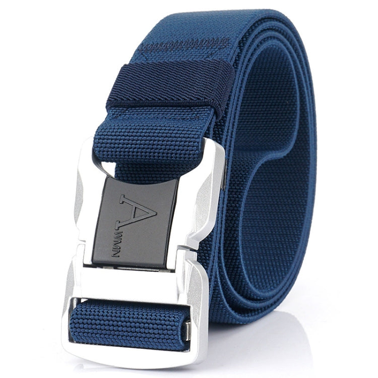 Aluminum alloy safety buckle belt, royal blue woven strap with silver buckle