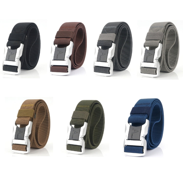Aluminum alloy safety buckle belt shown in multiple colors with silver buckles