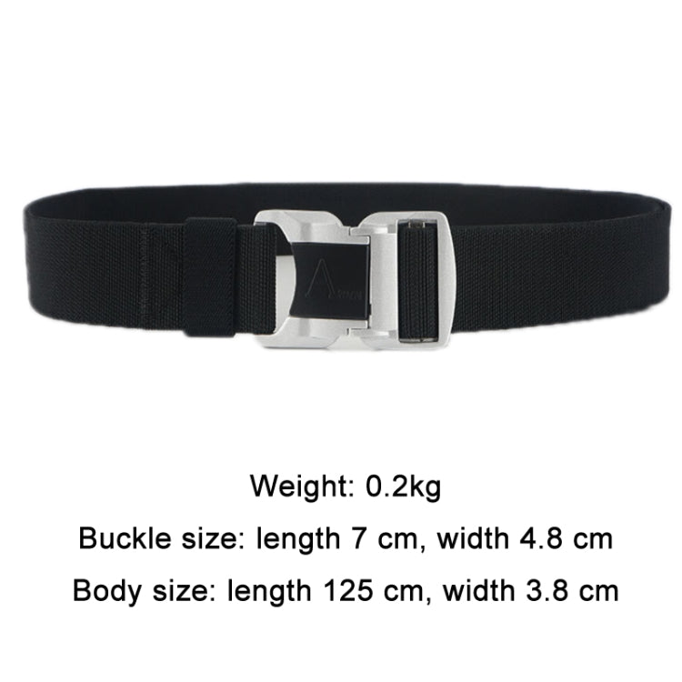 Aluminum alloy safety buckle belt, black webbing with silver rectangular buckle
