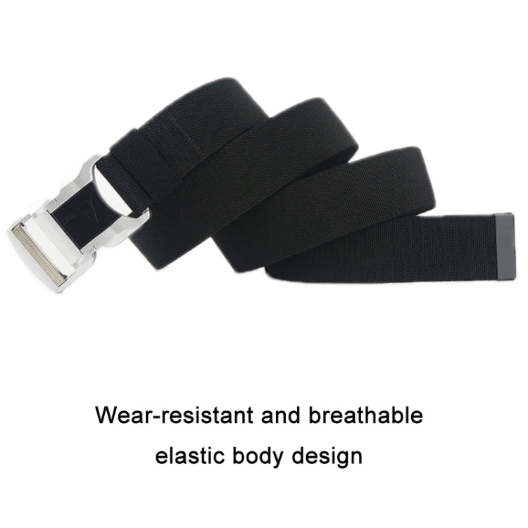 Aluminum alloy safety buckle belt, black elastic-style woven strap with silver buckle