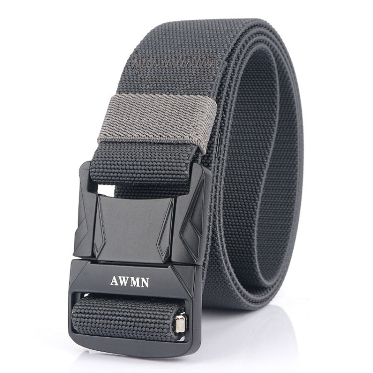 Men's elastic nylon belt with metal buckle, dark gray woven strap