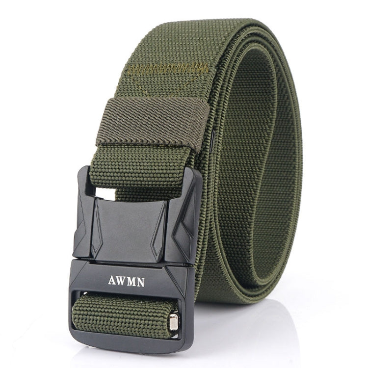 Men's elastic nylon belt with metal buckle, dark olive woven strap