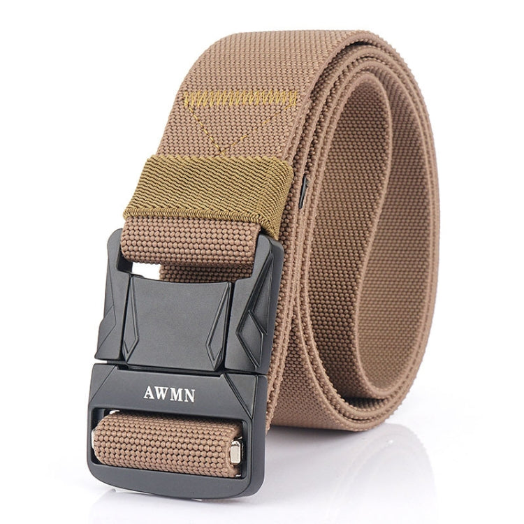 Men's elastic nylon belt with metal buckle, tan woven strap
