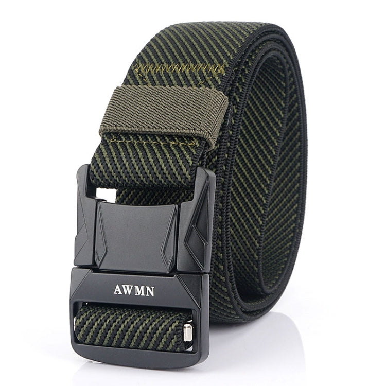 Men's elastic nylon belt with metal buckle, dark green striped woven strap