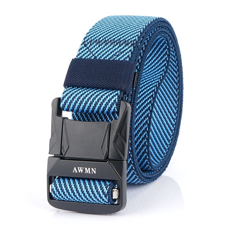 Men's elastic nylon belt with blue striped webbing and metal buckle