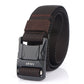 Men's elastic nylon belt with dark brown striped webbing and metal buckle