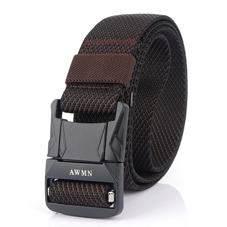 Men's elastic nylon belt with dark brown striped webbing and metal buckle