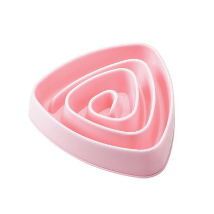 Large pink triangular anti-choking dog food slow bowl with spiral maze insert