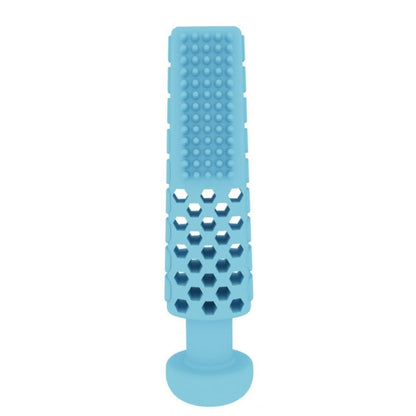 Light blue toothpaste-shaped dog teething bite toy with raised cleaning bumps on TPR