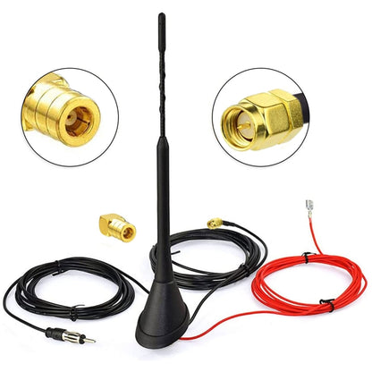 Car roof DAB/FM antenna with black mast, base, black/red leads, gold coax connectors