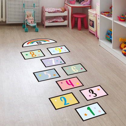 Children’s number jumping grid floor stickers with rainbow arch and numbered tiles 1 to 10