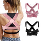 Pink and black posture correction belts worn on back, with crisscross strap design