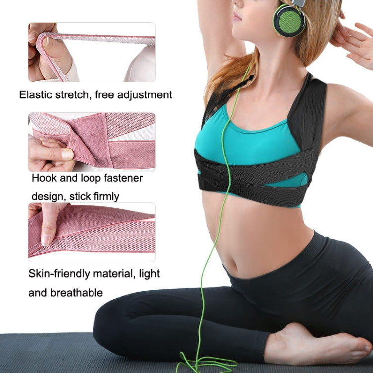 Black posture correction belt with elastic straps and hook-and-loop fastener panel