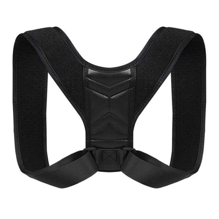 Black posture correction belt with adjustable back straps and front hook-and-loop buckle