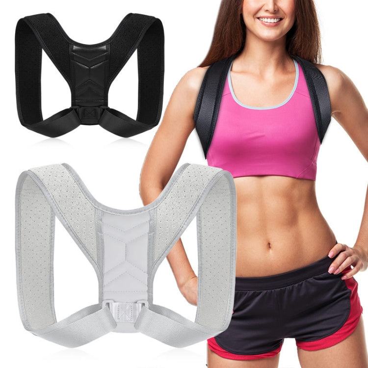 Posture correction belt worn over athletic clothing in black and light gray