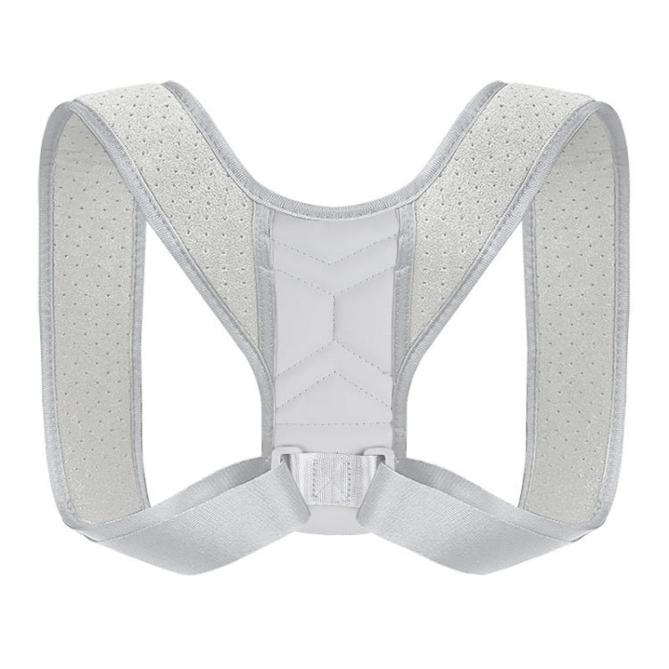 Light gray posture correction belt with adjustable back straps and front hook-and-loop buckle