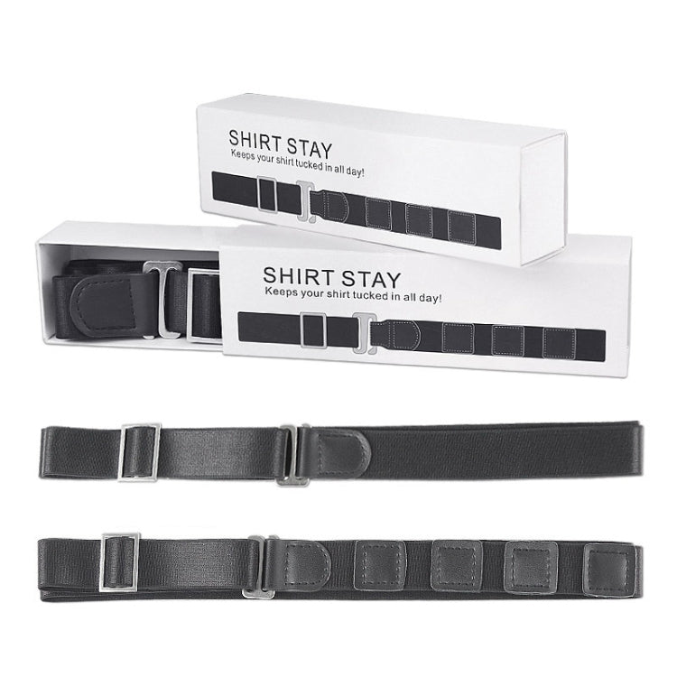 Black shirt stay set in box with adjustable straps and metal buckles
