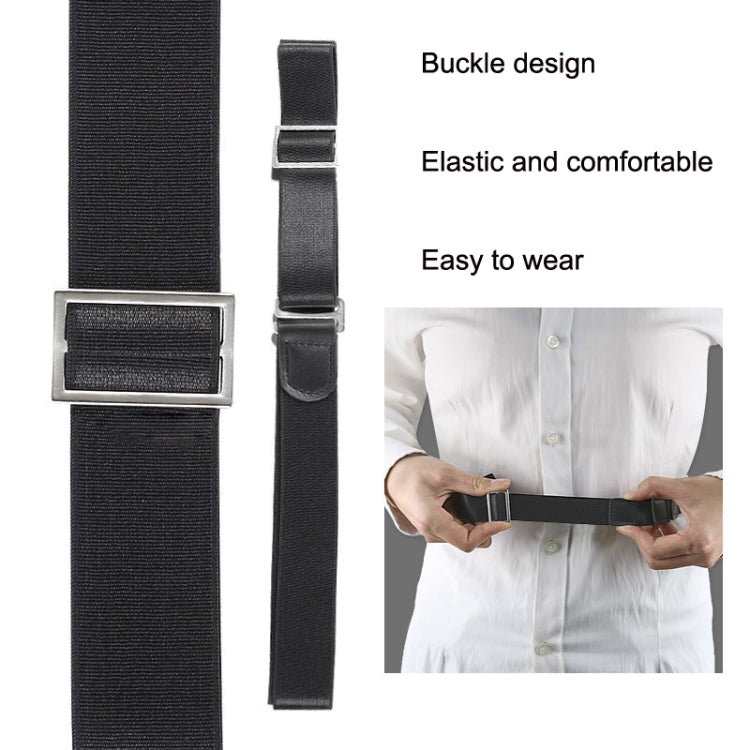 Black shirt stay buckle strap with elastic stretch panel and fastening details