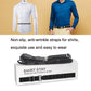Black shirt stay strap laid on box, worn across a button-up shirt