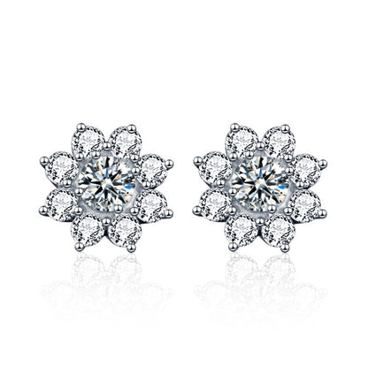 Silver flower stud earrings with round center and petal-shaped moissanite stones