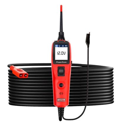 Red handheld automotive circuit tester with LCD display, probe tip and coiled cable
