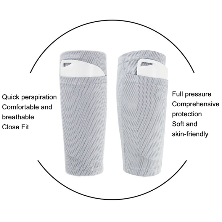 Pair of light gray breathable mesh calf guard sleeves with white insert tabs