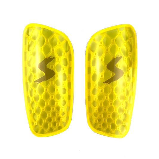 Pair of yellow honeycomb TPR soccer shin guards with logo