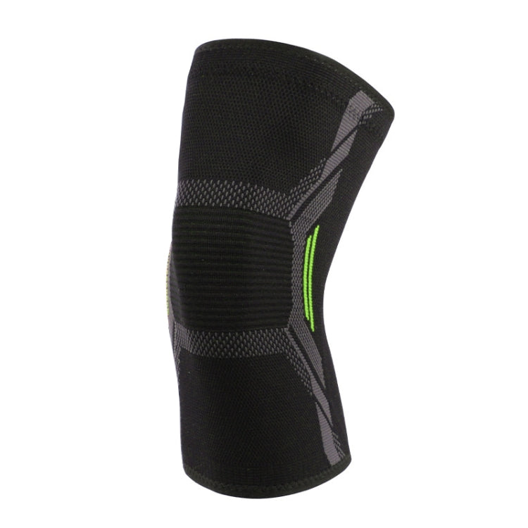 Black nylon sports knee sleeve with textured protective pads and green side stripe