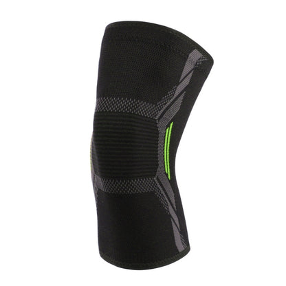 Black nylon sports knee sleeve with textured protective pads and green side stripe