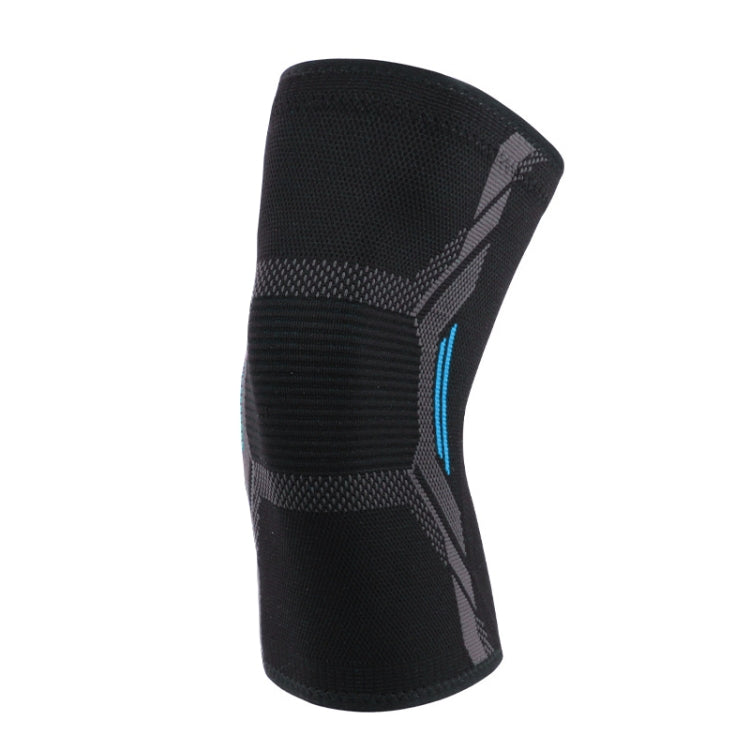 Black nylon sports knee sleeve with textured protective pads and blue side stripe