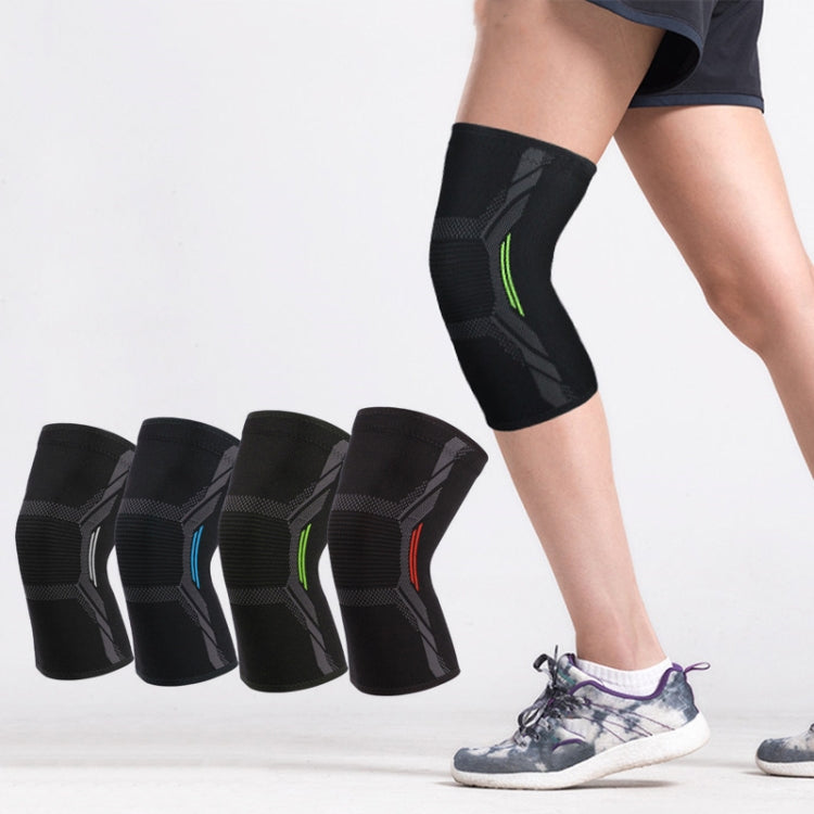 Set of black stretch knit knee pads with gray panels and neon green, worn on legs.