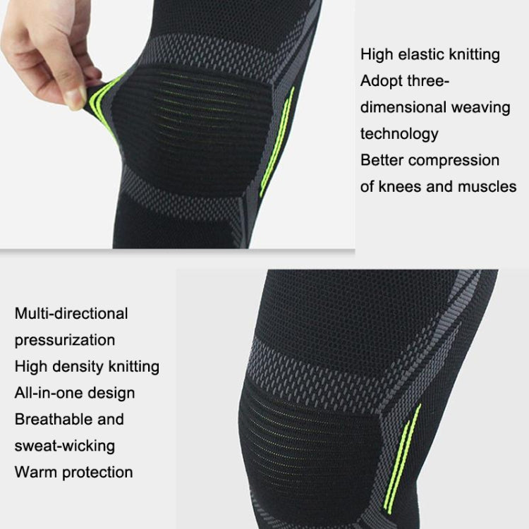 Black knit knee pad with gray panels and neon green accent stripe, held by hand.