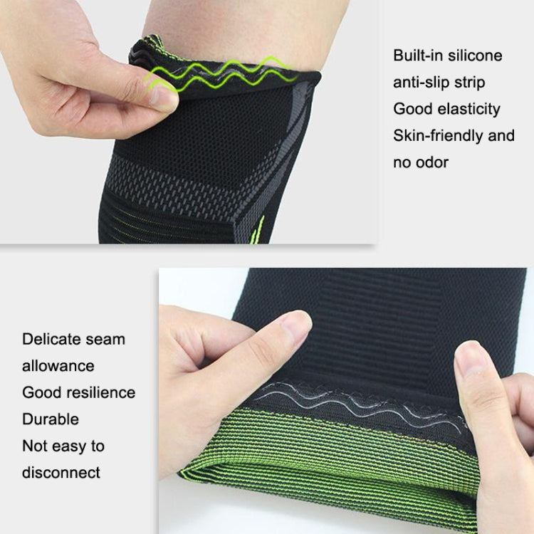 Black knit knee pad with neon green edge stripe, hands show anti-slip strip area.