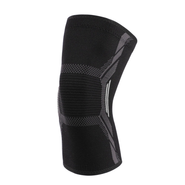 Black nylon sports knee sleeve with textured protective pads and gray geometric stripes