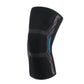 Black knit knee pad with gray support panels and blue accent stripe.