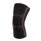Black knit knee pad with gray support panels and red accent stripe, close view.